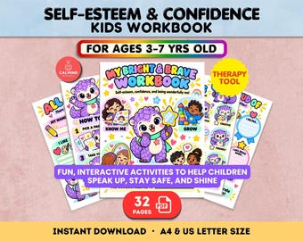 May include: A 32-page kids workbook titled My Bright & Brave Workbook, featuring colorful illustrations of a purple pangolin character, children, and interactive activities focused on self-esteem and confidence for ages 3-7 years old.