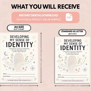 May include: Two digital journal pages titled Developing My Sense of Identity. The A4 size measures 8.27 inches by 11.69 inches, and the US Letter size measures 8.5 inches by 11 inches. Both feature a fingerprint graphic, floral elements, and lines for name and date.