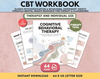 May include: A Cognitive Behavioral Therapy workbook featuring 64 pages in PDF format. The cover displays a winding path illustration with soft pastel colors, geometric lines, and a sun icon. Includes guided psychoeducation and experiment sheets.