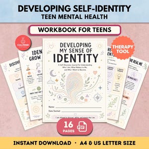 May include: A digital workbook for teens titled Developing My Sense of Identity, featuring a central fingerprint illustration, floral accents, and prompts for self-discovery. The set includes 16 pages in PDF format, available in A4 and US letter sizes.