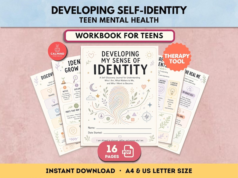 May include: A digital workbook for teens titled Developing My Sense of Identity, featuring a central fingerprint illustration, floral accents, and prompts for self-discovery. The set includes 16 pages in PDF format, available in A4 and US letter sizes.