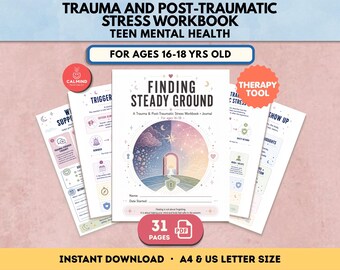 May include: A Trauma and Post-Traumatic Stress Workbook for teen mental health, ages 16-18. The cover features the title Finding Steady Ground, a central circular illustration of a doorway, and space for a name and date. Includes 31 PDF pages.