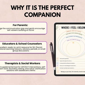 May include: A digital tablet displaying a worksheet titled WHERE I FEEL I BELONG with concentric circles and prompts, accompanied by a stylus. To the left, three purple-bordered text boxes with checkmarks list benefits for parents, educators, and therapists.
