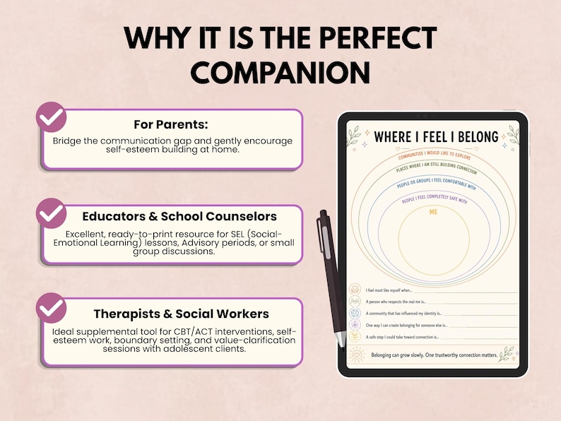 May include: A digital tablet displaying a worksheet titled WHERE I FEEL I BELONG with concentric circles and prompts, accompanied by a stylus. To the left, three purple-bordered text boxes with checkmarks list benefits for parents, educators, and therapists.