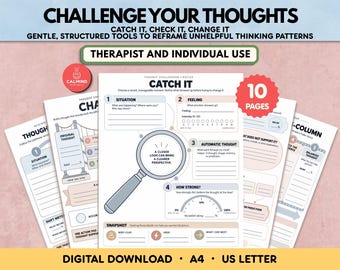 CBT Thought Challenging Worksheets for Teens and Adults Therapy Reframing Automatic Negative Thoughts Mental Health Tool for Therapist