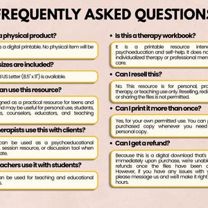 May include: A digital frequently asked questions document with black text on a light background. It outlines details for a printable resource, including size specifications of 8.5 inches by 11 inches, usage rights for therapists and teachers, and policies regarding reselling, printing, and refunds.