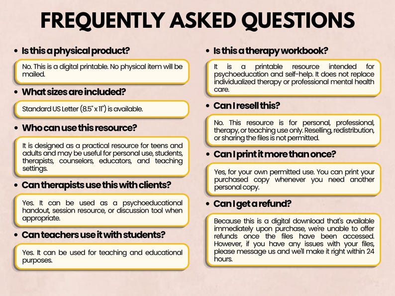 May include: A digital frequently asked questions document with black text on a light background. It outlines details for a printable resource, including size specifications of 8.5 inches by 11 inches, usage rights for therapists and teachers, and policies regarding reselling, printing, and refunds.
