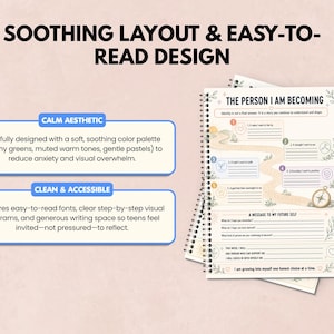 May include: A spiral-bound journal page titled THE PERSON I AM BECOMING, featuring a winding path illustration, numbered prompts, a compass graphic, and lines for writing a message to a future self, all set against a soft, light-colored background.