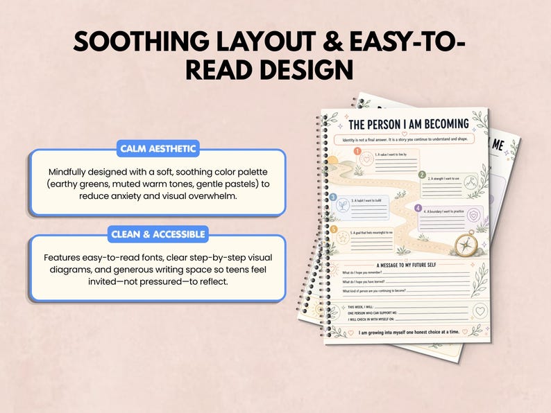 May include: A spiral-bound journal page titled THE PERSON I AM BECOMING, featuring a winding path illustration, numbered prompts, a compass graphic, and lines for writing a message to a future self, all set against a soft, light-colored background.