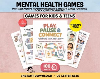 May include: A set of printable mental health worksheets and therapy games titled Play, Pause & Connect. The cover features a board game illustration with cards, dice, and pawns. Includes 100 pages of activities for kids and teens in US letter size.
