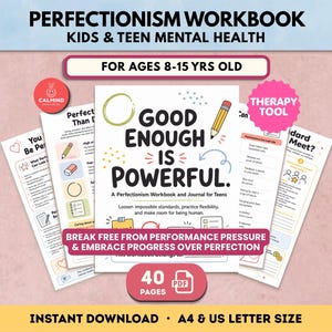 Könnte beinhalten: Ein digitales Arbeitsbuch mit dem Titel Good Enough Is Powerful für Jugendliche, das 40 Seiten mit Übungen zur psychischen Gesundheit enthält. Das Cover zeigt eine Bleistiftillustration, Text und ein PDF-Symbol. Sofortiger Download verfügbar.