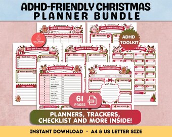 May include: A digital ADHD-friendly Christmas planner bundle featuring 61 pages of printable templates. Includes holiday baking, drink menus, guest room prep, cleaning, gift brainstorming, and a 12-week countdown calendar with festive gingerbread and reindeer illustrations.