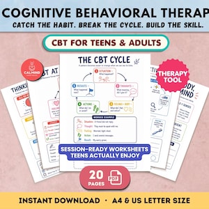 Puede incluir: Un conjunto de hojas de trabajo de terapia cognitivo-conductual para adolescentes y adultos, con el texto COGNITIVE BEHAVIORAL THERAPY, CATCH THE HABIT. BREAK THE CYCLE. BUILD THE SKILL. CBT FOR TEENS & ADULTS, THE CBT CYCLE y SESSION-READY WORKSHEETS TEENS ACTUALLY ENJOY.