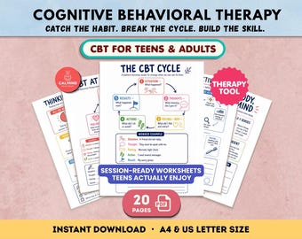 May include: A set of cognitive behavioral therapy worksheets for teens and adults, featuring the text COGNITIVE BEHAVIORAL THERAPY, CATCH THE HABIT. BREAK THE CYCLE. BUILD THE SKILL. CBT FOR TEENS & ADULTS, THE CBT CYCLE, and SESSION-READY WORKSHEETS TEENS ACTUALLY ENJOY.