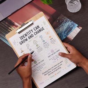 May include: A wooden clipboard holding a white paper titled Identity Can Grow and Change. The document features numbered steps from 1 to 5, including Explore, Reflect, Choose, and Grow, alongside sections for Parts That May Change and Parts That May Stay Steady.
