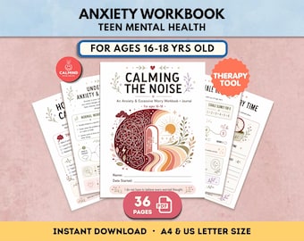 May include: Anxiety workbook for teen mental health featuring 36 pages in A4 and US letter size. The cover displays the text Calming The Noise, An Anxiety & Excessive Worry Workbook + Journal, For ages 16-18, and I do not have to believe every worried thought.