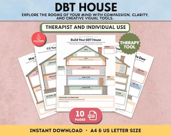 May include: A set of 10 printable PDF worksheets titled DBT HOUSE, designed for therapy and individual use. The pages feature a house diagram with labeled sections including roof, attic, upper floor, main floor, foundation, chimney, and door.