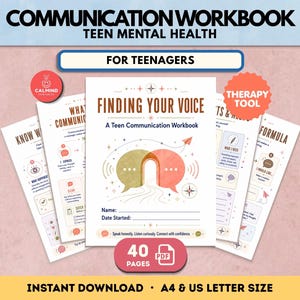 Könnte beinhalten: Ein Kommunikations-Arbeitsbuch für die psychische Gesundheit von Teenagern mit dem Titel Finding Your Voice. Das Cover zeigt Sprechblasen, Sterne und ein Papierflugzeug. Das Set umfasst 40 Seiten als PDF in A4 und US-Letter-Format.
