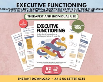 May include: A 52-page PDF workbook titled Executive Functioning, featuring a cover with an abstract ribbon graphic in blue, yellow, and red. The workbook includes pages for reflection and practical skills, designed for individual or therapist use.
