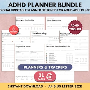 Può includere: Un pacchetto di 21 pagine di pianificatore digitale stampabile per ADHD con modelli in bianco e nero per la pianificazione giornaliera, il time blocking e il controllo delle funzioni esecutive. Include etichette come ADHD Planner Bundle e ADHD Toolkit.