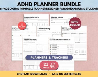 May include: A 21-page digital printable ADHD planner bundle featuring black and white templates for daily planning, time blocking, dopamine menus, and executive function check-ins. Includes text labels like ADHD Planner Bundle and ADHD Toolkit.
