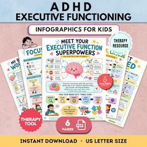 以下が含まれることがあります： 米国レターサイズの子供向けADHD実行機能インフォグラフィック6枚セット。各ページには、脳のカラフルなイラスト、アイコン、および「Meet Your Executive Function Superpowers」などのテキストが記載されています。