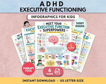 May include: A set of six ADHD executive functioning infographics for kids in US letter size. The pages feature colorful illustrations of brains, icons, and text including Meet Your Executive Function Superpowers, Focus, and Therapy Resource labels.