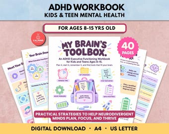 ADHD Workbook for Kids and Teens Executive Functioning Worksheets Therapy Coping Skills Activity Sheets Printable Digital Download