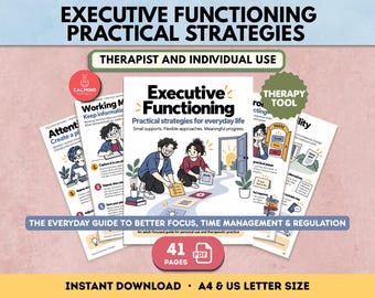 May include: A 41-page PDF guide titled Executive Functioning Practical Strategies featuring illustrations of people organizing tasks. The cover shows two individuals arranging cards on the floor near an open door. Text includes The everyday guide to better focus, time management & regulation.