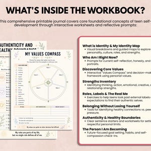 May include: A printable workbook for teen self-development featuring interactive worksheets titled Authenticity and Healthy Boundaries and My Values Compass. The text lists sections including Identity, Who Am I Right Now, Core Values, Strengths, and Belonging.