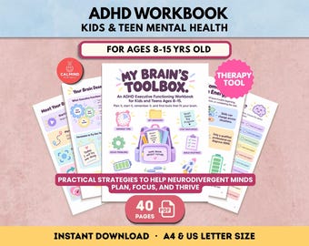 May include: A digital ADHD workbook for kids and teens titled My Brain's Toolbox. The cover features a purple backpack illustration with icons for time management, organization, and goal setting. It includes 40 pages in PDF format for A4 and US letter sizes.