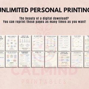 May include: A collection of sixteen printable worksheets for self-discovery, featuring titles like Developing My Sense of Identity and My Values Compass. The pages include text, diagrams, and prompts in a soft color palette with botanical line art.