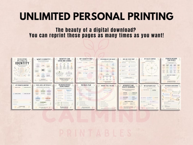 May include: A collection of sixteen printable worksheets for self-discovery, featuring titles like Developing My Sense of Identity and My Values Compass. The pages include text, diagrams, and prompts in a soft color palette with botanical line art.