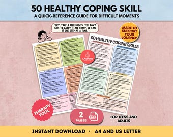 Könnte beinhalten: Ein zweiseitiger, druckbarer Leitfaden mit dem Titel 50 Healthy Coping Skills, der eine Kurzübersicht für schwierige Momente bietet. Das Dokument enthält Abschnitte zur Erdung, Emotionsverarbeitung und Selbstfürsorge für Jugendliche und Erwachsene.