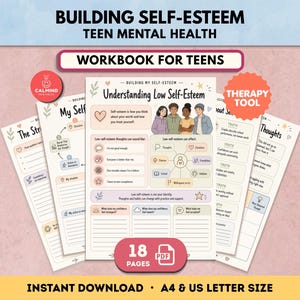 以下が含まれることがあります： Building Self-Esteem Teen Mental Healthというタイトルの10代向けデジタルワークブック。PDF形式で全18ページ。4人のティーンエイジャーのイラスト、自尊心に関するテキスト、書き込み用の空白行が含まれています。