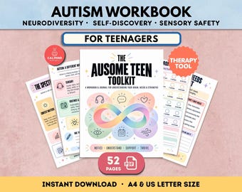 Puede incluir: Un libro de ejercicios digital titulado The Ausome Teen Toolkit para adolescentes, con un símbolo de infinito colorido, iconos para necesidades sensoriales y el texto Notice, Understand, Support, Thrive. El conjunto incluye 52 páginas en formato PDF.