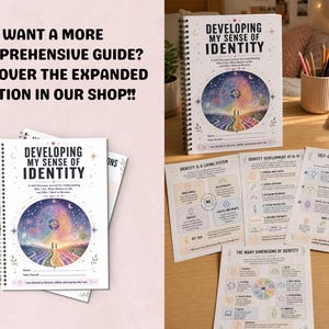 May include: A spiral-bound journal titled Developing My Sense of Identity, featuring a colorful fingerprint graphic on the cover. The set includes several informational worksheets with diagrams and text about identity development, self-concept, and self-esteem.