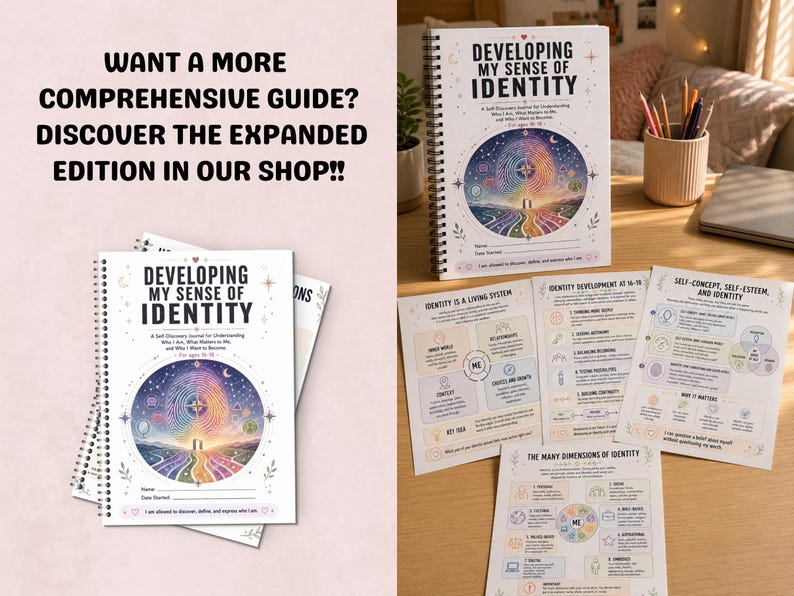 May include: A spiral-bound journal titled Developing My Sense of Identity, featuring a colorful fingerprint graphic on the cover. The set includes several informational worksheets with diagrams and text about identity development, self-concept, and self-esteem.
