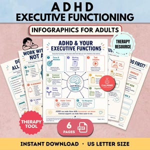 May include: A set of six ADHD executive functioning infographics for adults in PDF format. The pages feature diagrams, text, and icons explaining brain functions like focus, working memory, and planning. The documents are in A4-style letter size.