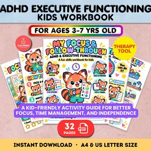 Könnte beinhalten: Ein digitales Arbeitsheft für Kinder mit dem Titel My Focus & Follow-Through ADHD & Executive Functioning, das einen roten Panda als Cartoon-Figur zeigt. Die Seiten enthalten bunte Illustrationen, Aufgabenlisten und Zeitmanagement-Übungen.