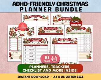 May include: A digital Christmas planner bundle featuring 61 pages of holiday-themed templates. The sheets include a 12-week countdown, gift trackers, and schedules decorated with reindeer and gingerbread illustrations in red and green.