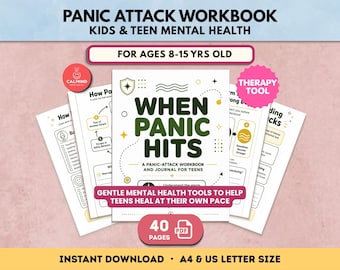 May include: A digital workbook titled When Panic Hits, designed for kids and teens, featuring 40 pages of mental health exercises. The cover includes dark green text, yellow graphic accents, and a pink therapy tool badge on a white background.