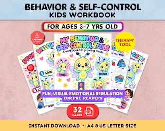 May include: A 32-page PDF kids workbook titled My Behavior & Self-Control Tools for ages 3-7 years old. The cover features a cartoon bee character, colorful text, and illustrations of emotional regulation steps like pause and think.