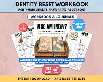 May include: The Identity Reset Workbook for young adults navigating adulthood is a 20-page PDF digital download. The cover features the title Who Am I Now? above an illustration of an open book on a wooden desk with a quill, ink, and scissors.