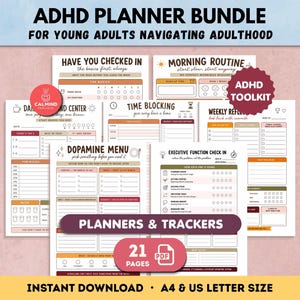 Può includere: Un pacchetto di planner per ADHD con 21 pagine di tracker stampabili in formato A4 e US letter. I fogli includono sezioni per routine mattutine, time blocking, menu della dopamina e check-in delle funzioni esecutive con accenti arancioni e marroni.