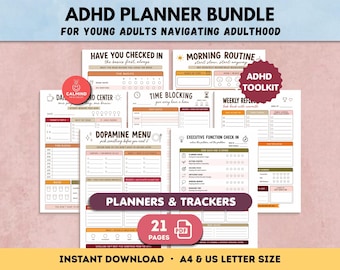 May include: An ADHD planner bundle featuring 21 pages of printable trackers in A4 and US letter size. The sheets include sections for morning routines, time blocking, dopamine menus, and executive function check-ins with orange and brown accents.