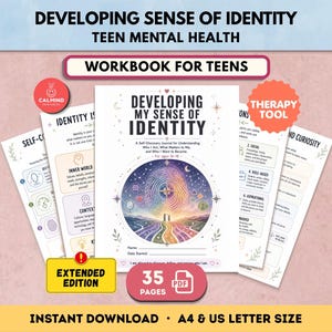 Może przedstawiać: Zeszyt ćwiczeń dla nastolatków zatytułowany Developing My Sense of Identity, dziennik samopoznania dla osób w wieku 16-18 lat. Okładka zawiera kolorową grafikę odcisku palca, gwiazdy i ścieżkę. Zestaw zawiera 35 stron w formacie PDF, rozmiar A4.