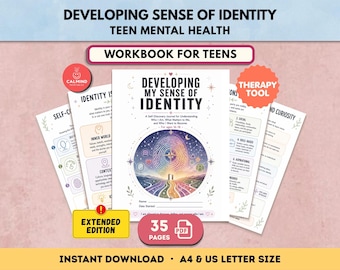 May include: A workbook for teens titled Developing My Sense of Identity, a self-discovery journal for ages 16-18. The cover features a colorful fingerprint graphic, stars, and a path. The set includes 35 pages in PDF format, available in US letter size.