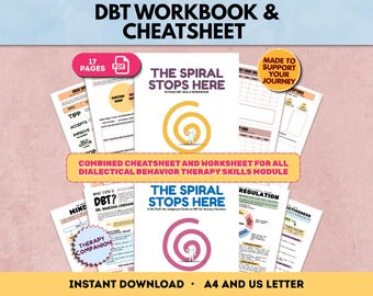 May include: A 17-page DBT workbook and cheatsheet set featuring the titles The Spiral Stops Here in yellow and blue with spiral graphics. The documents include various worksheets, charts, and text modules for dialectical behavior therapy skills, available in A4 and US Letter sizes for instant download.
