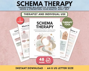 May include: A 48-page Schema Therapy workbook in PDF format, featuring a cover with abstract circular shapes and the text Schema Therapy: Understanding patterns, meeting needs, and building healthier ways forward, alongside several interior pages.